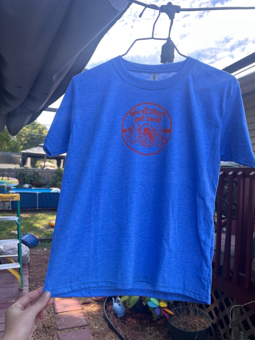 NWOT Gildan Blue Tee Phish Inspired “We All Start Out Small” Pokemon design